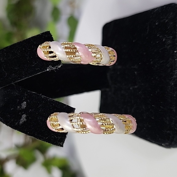 Gold Hoop Earrings with Pink and White New - Picture 5 of 7